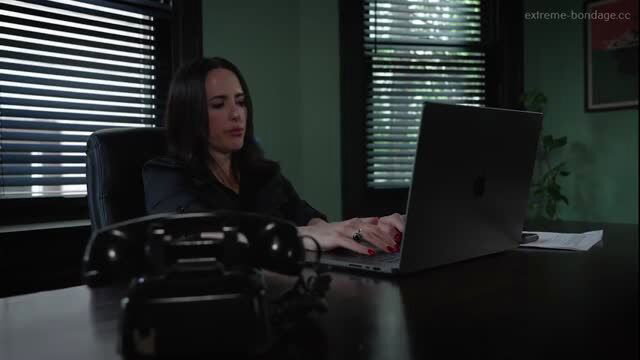 Kaiia Eve in sexy office blouse working at desk, sultry brunette closeup