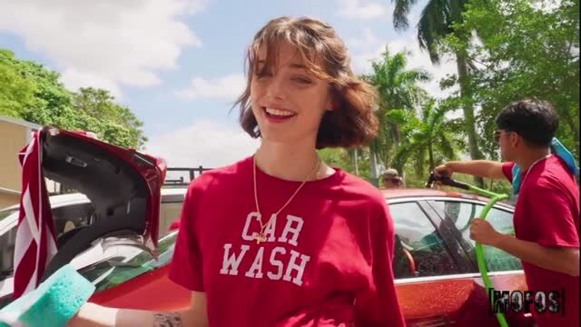 Naughty Teen in wet red Car Wash shirt at outdoor mobile wash