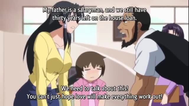 Anime family arguing about house loan with busty black-haired mom and salaryman dad