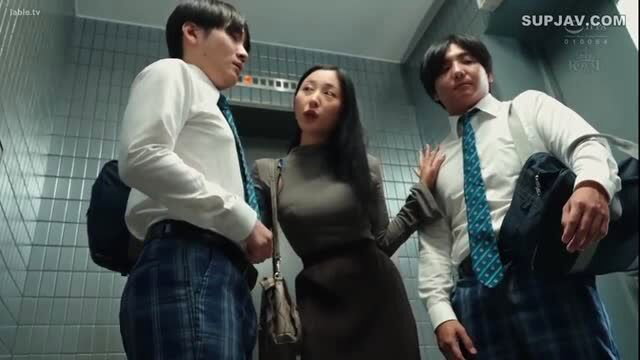 Asian JAV teacher in skirt tempts 2 schoolboy virgins in bathroom threesome tease