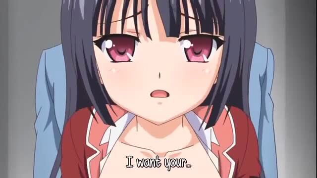 Busty black-haired anime schoolgirl with red eyes begs 'I want yours'