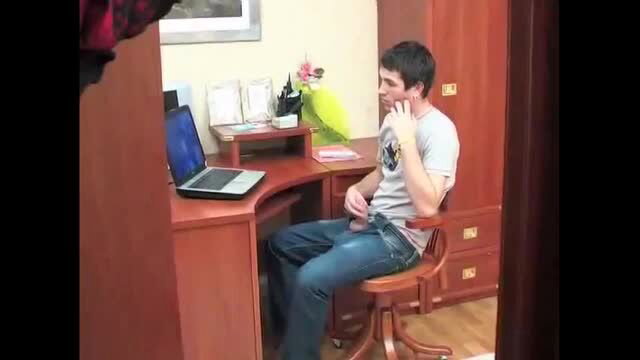 Slim guy in tight jeans bulge at desk with stepmom lurking