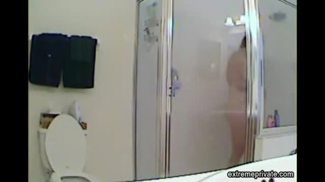 MILF stepmom spied showering nude, voyeur bathroom hidden cam