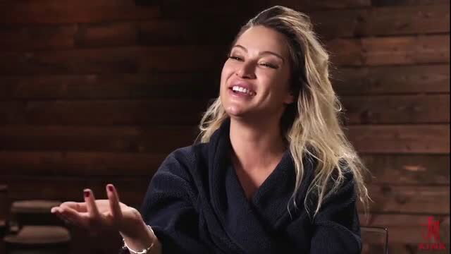 Blonde bombshell in robe laughing seductively, Don't Be Scared