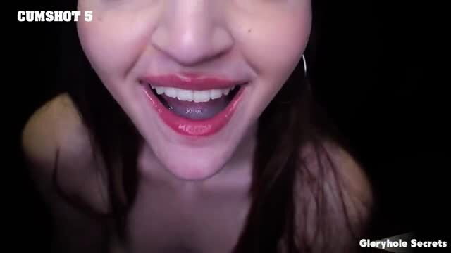 Julia's glossy red lips wide open for cumshot Gloryhole Secrets