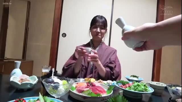 Namiki Aina in kimono at Japanese dinner table, slim busty wife