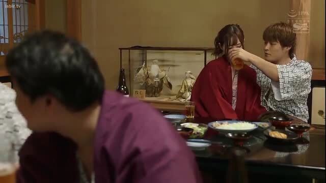 JAV Angel Moe in kimono fed sake at table, tense cuckold scene