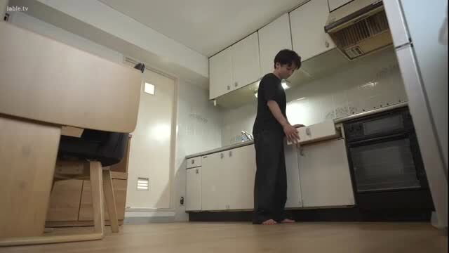 Nene Hoshino barefoot in kitchen, black tee pants, JAV star