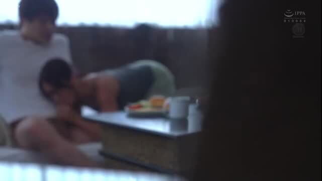 Aunt Yuki serves breakfast on knees in tight leggings, nephew watches