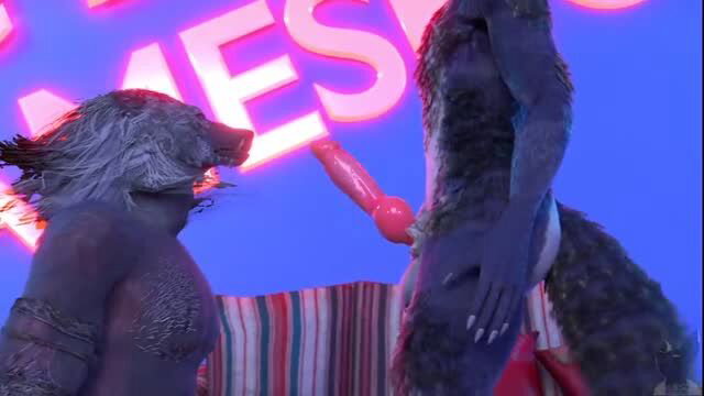 Furry wolf anthro couple with pink dildo under JAMES sign