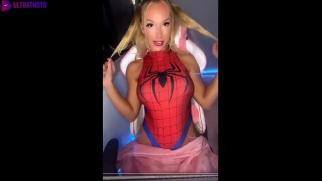 Barbellbarbie Danish blonde bombshell in sexy Spider-Gwen cosplay