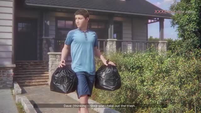 Cute teen boy in blue shirt shorts carries trash bags outside house