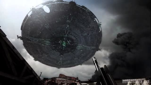 Massive UFO saucer hovers over ruined city amid dark storm clouds