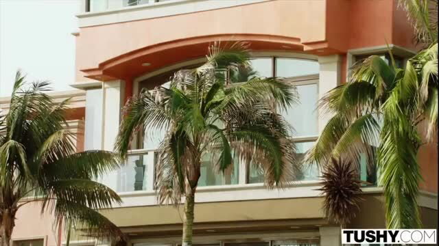 Janice Griffith's luxurious balcony with palms at Tushy mansion