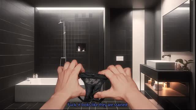 Man disgusted holding stained black thong panties closeup bathroom