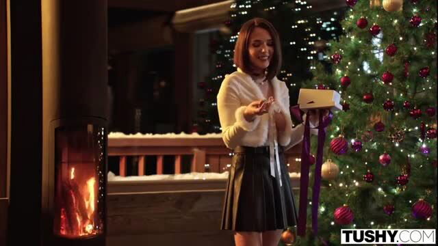 Eve Sweet in sexy fur coat and mini skirt by Christmas tree Tushy