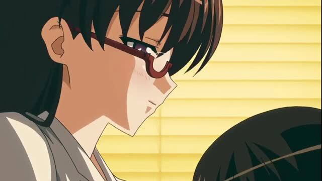 Hot busty anime teacher in glasses blushes beside student
