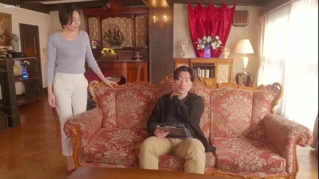 Hinata Mori maid whispers in ear, teases man on sofa with legs