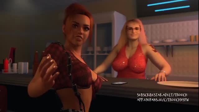 Two busty babes in sexy red lingerie posing seductively at diner bar