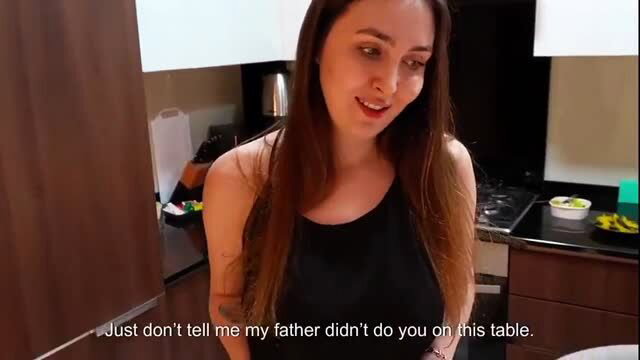 Hot busty stepmom in tank top smiles in kitchen POV teasing oral