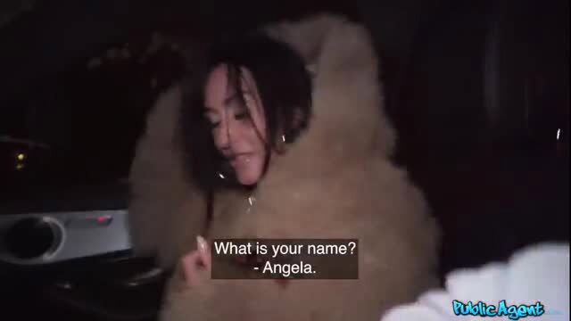 Angela Doll in fur coat on Public Agent, closeup face and tits tease