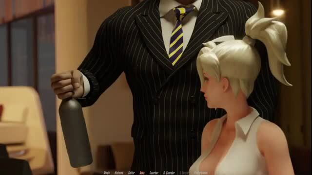 Overwatch Mercy in white dress with suited black man holding bottle