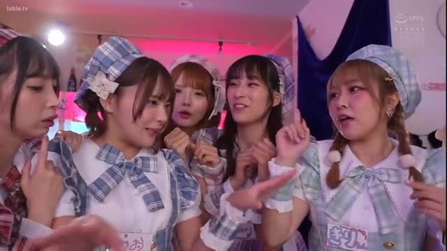 4 cute Japanese maids in frilly uniforms finger tease & smile seductively