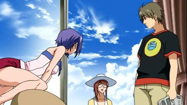 Anime girls in skimpy bikinis tease guy at beachside balcony