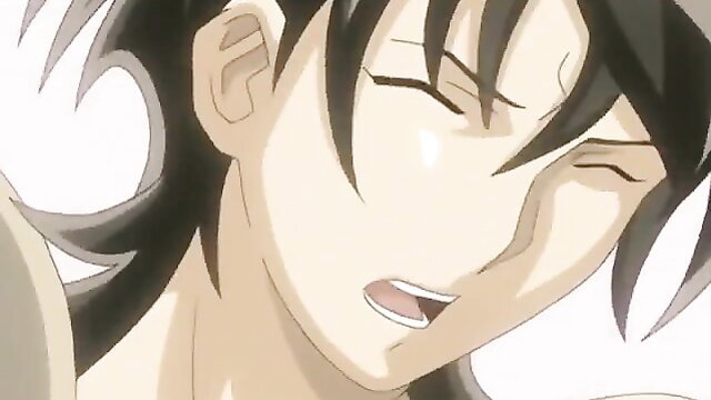 Anime hentai mom with long black hair smirks seductively close-up