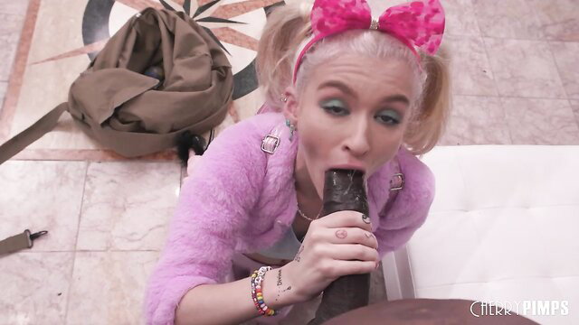 Blonde pigtail girl in pink cardigan gives deep blowjob on OnlyFans