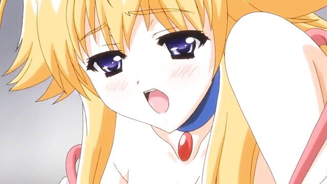 Blonde anime hentai girl with ahegao face, drooling in ecstasy