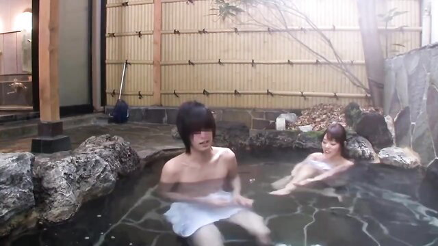Japanese brother sister soaking nude in outdoor onsen hot spring bath