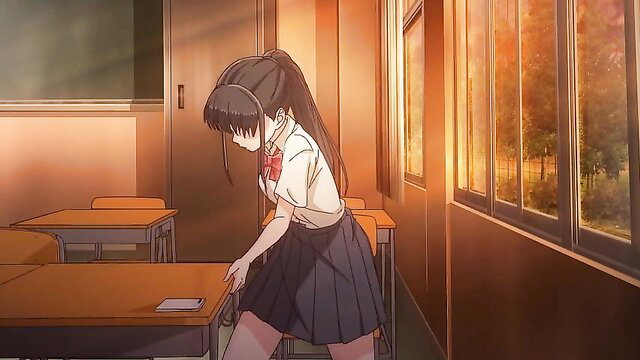 Anime girl in school uniform bending over desk, long legs upskirt view