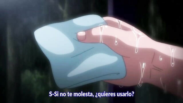 Anime hentai girl offers wet blue towel handjob in steamy scene