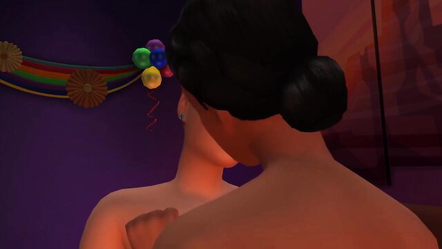 3D black lesbian birthday party nude embrace Sims machinima