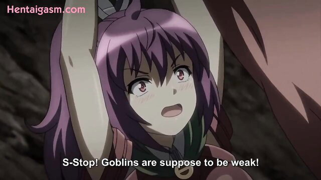 Purple-haired hentai girl captured by goblins, arms raised in Goblin no Suana 3