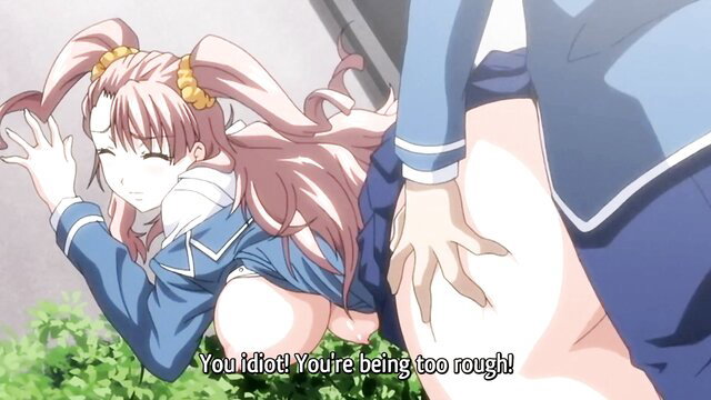 Pink-haired hentai girl in school uniform grabbed roughly from behind by hand on big ass