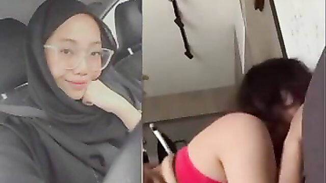Malay tudung girl in hijab smiling in car, bent over in red bra getting fucked
