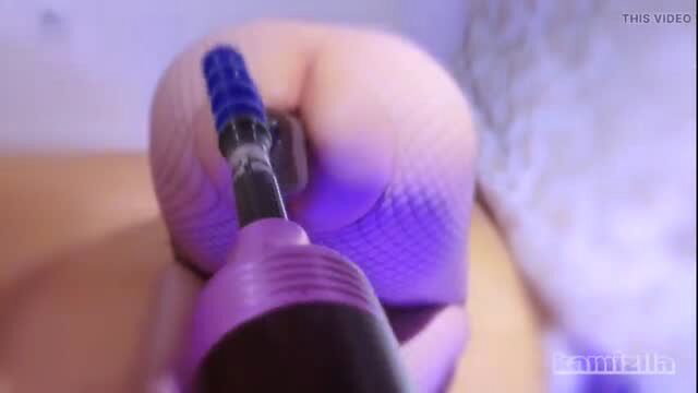 Femboy's smooth plump ass pounded by blue dildo on sex machine