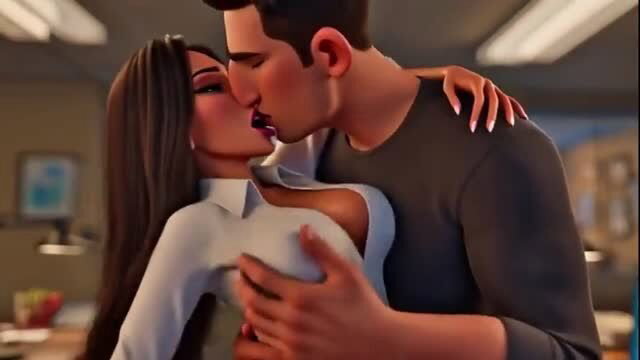 Busty brunette office babe passionately kisses hunk in tight white top