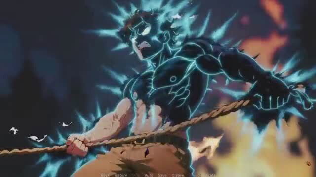 Muscular black anime hunk with electric aura gripping rope in fiery scene
