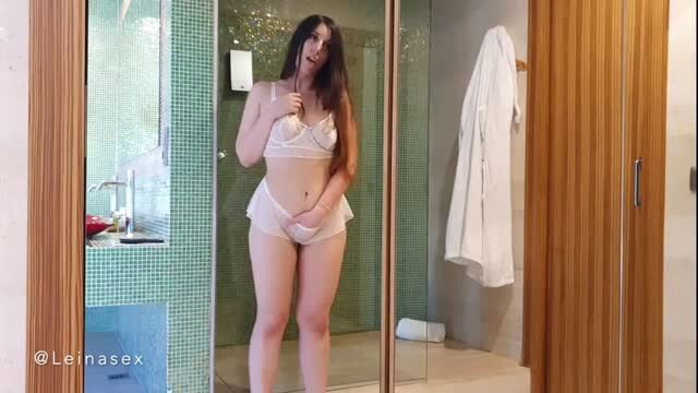 Leina Sex in white lingerie posing sexy in front of mirror