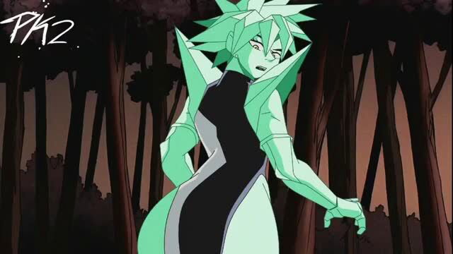 PK2 green alien girl in shiny bodysuit poses seductively in forest