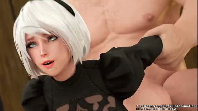 2B cosplay babe with huge cock in hand, closeup blowjob tease