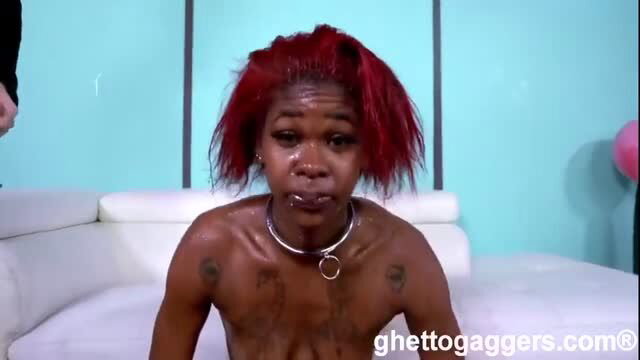 Redhead black thot gagging on cock, collared, messy face in extreme BJ