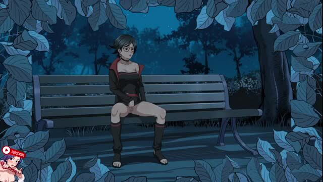 Sarada Uchiha flashing pussy on park bench at night in Konoha