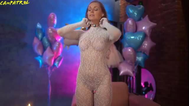 Russian MILF in sheer lace bodysuit with choker, teasing solo