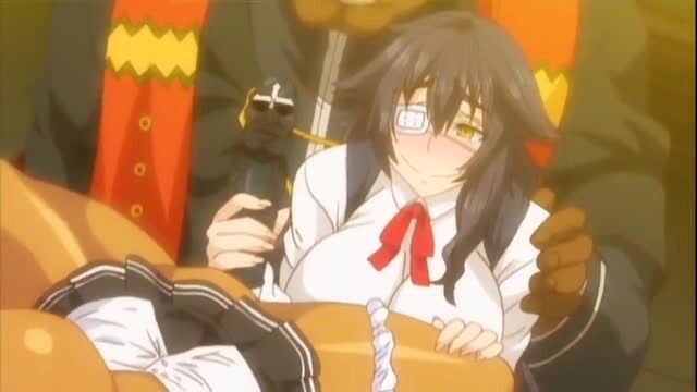 Busty anime delinquent girl with glasses groped in school uniform