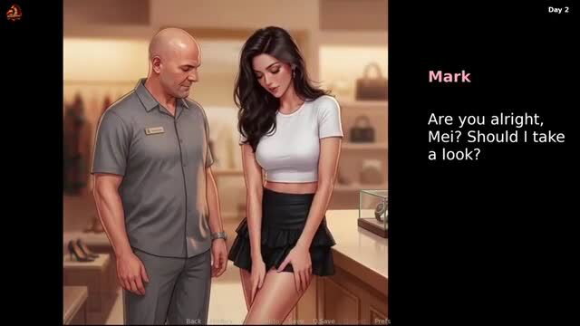 Bald Mark checks injured leg of sexy Asian Mei in tight skirt at store