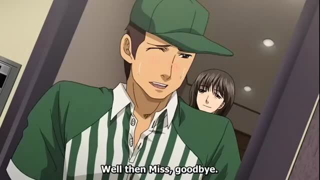 Anime JAV guy in green uniform says goodbye to busty black-haired girl